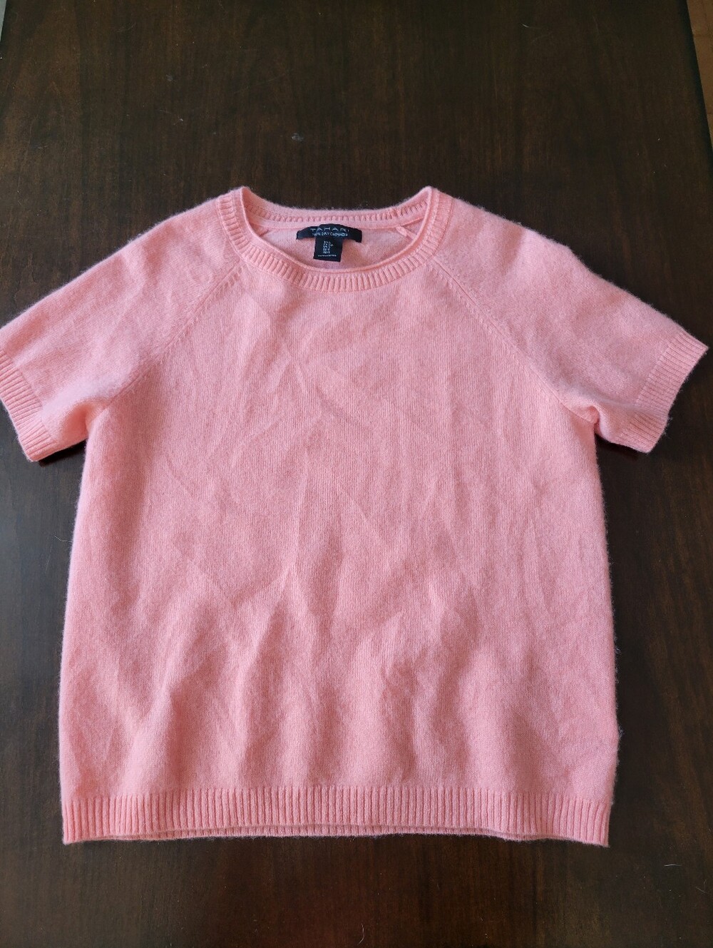 Tahari Pure Luxe 100% Cashmere short-sleeve sweater in a vibrant coral-pink sz S